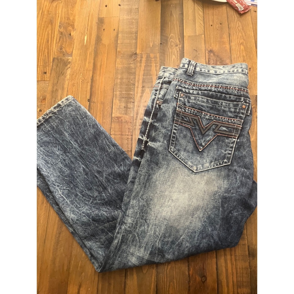 DENIM & RIVETS Jeans Acid Wash Embroidered Streetwear Mens 40 Blue